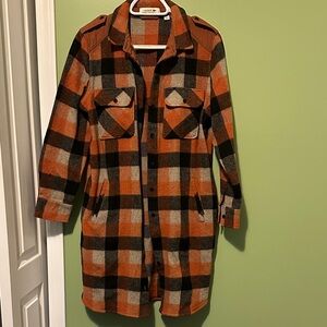 Lacoste Orange Black Cream Plaid Wool-Blend Trench Coat